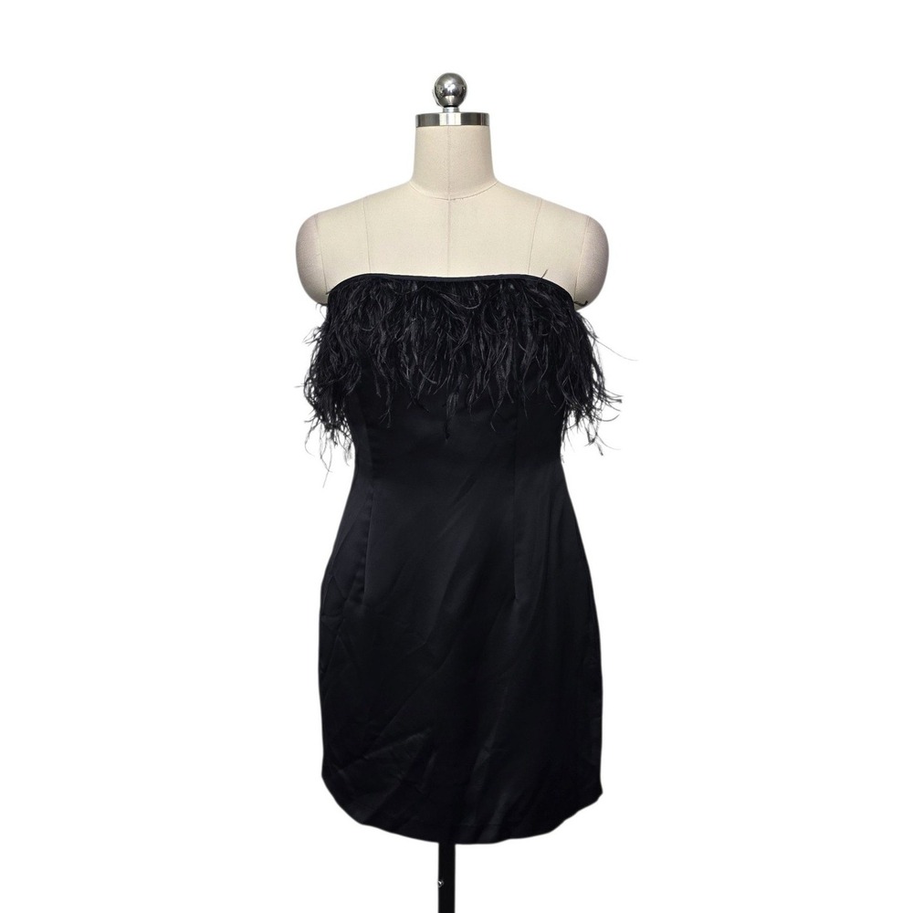 Ramy Brook Black Strapless Ostrich Feather Trim Mini Cocktail Dress Size 6 Party